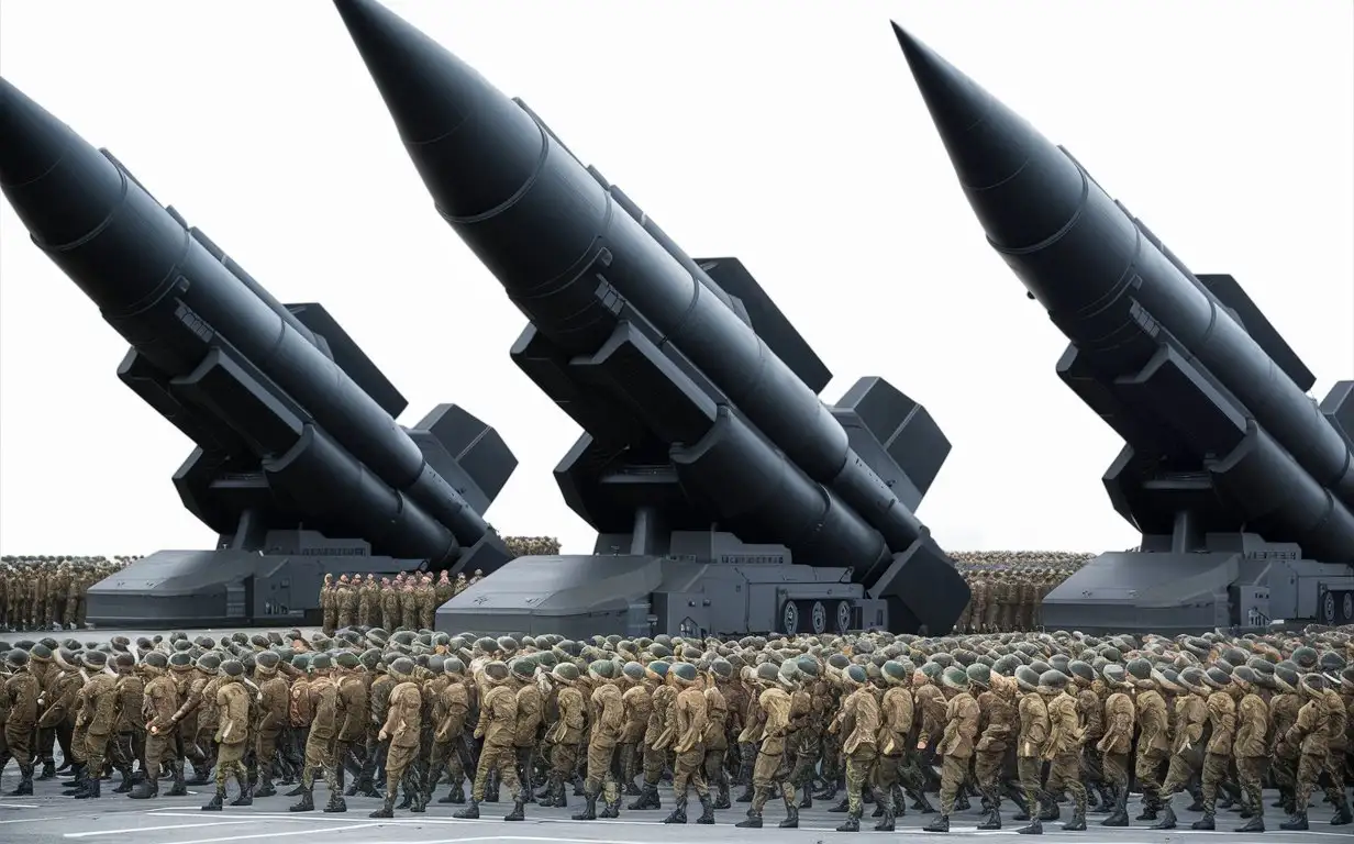 Three very REALISTIC AND REAL 
heavy Giant black millitary hypersonic weapons, with thousands of soldiers on ground in Russia