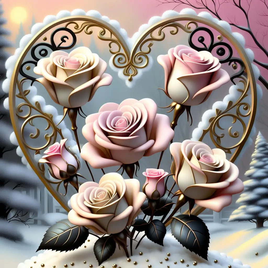 Five Beautiful country style opalescent Hearts, Beautiful Bi-colored roses, wintery background, filigree, sparkle, glistening, glowing, glittery, pink, White, Black, gold, Thomas Kinkade