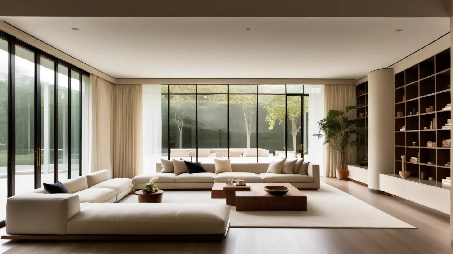 imagine a large minimalist organic living room with built-in cabinetry, ivory limewashed walls, brass lighting, walnut wood, limestone flooring,  floor to ceiling windows with sheer linen curtains  skylight, 
