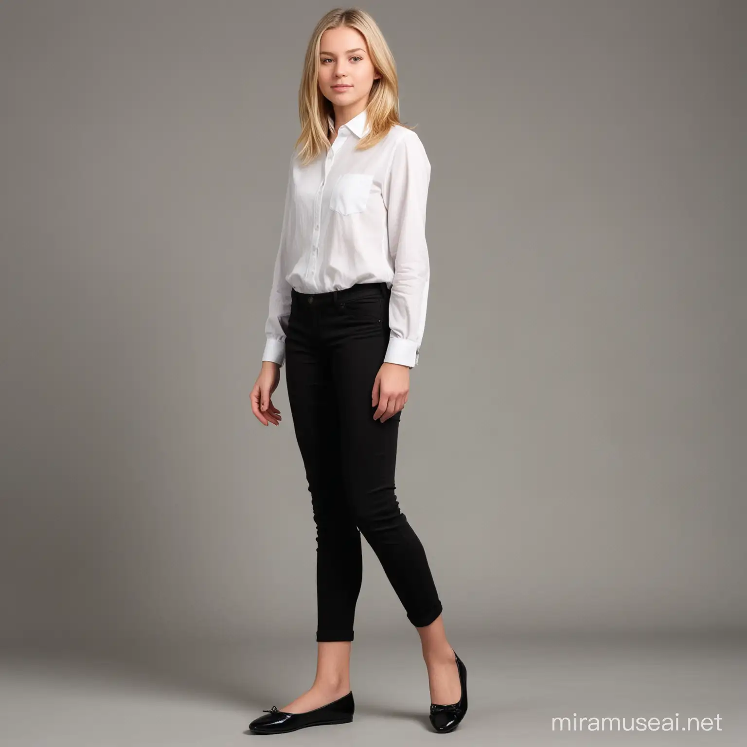 Teenage Caucasian Girl Portrait in Black Pants and White Shirt with Ballet Shoes