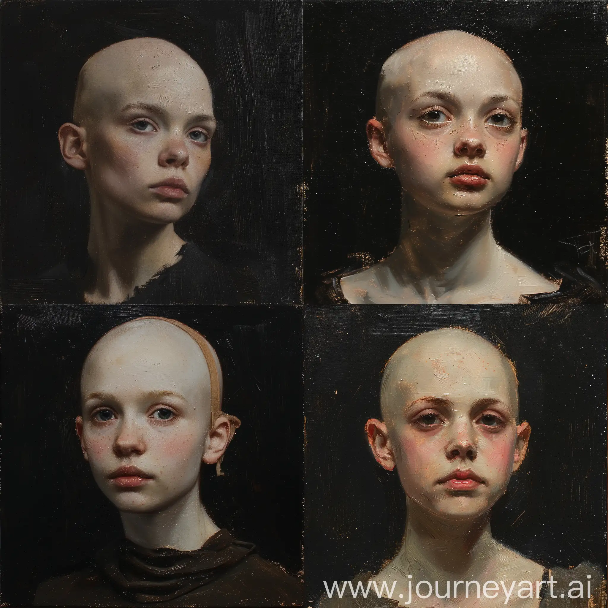Oil sketch of a bald young woman , wlop John singer Sargent, jeremy lipkin and rob rey, range murata jeremy lipking, John singer Sargent, black background, jeremy lipkin, lensculture portrait awards, casey baugh and james jean, detailed realism in painting, award-winning portrait, amazingly detailed oil painting