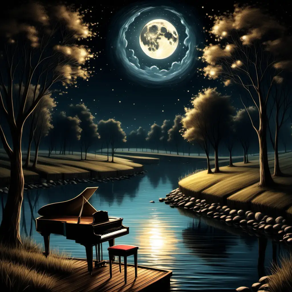 Midnight Serenade by the Romantic Moon River Piano Landscape Art