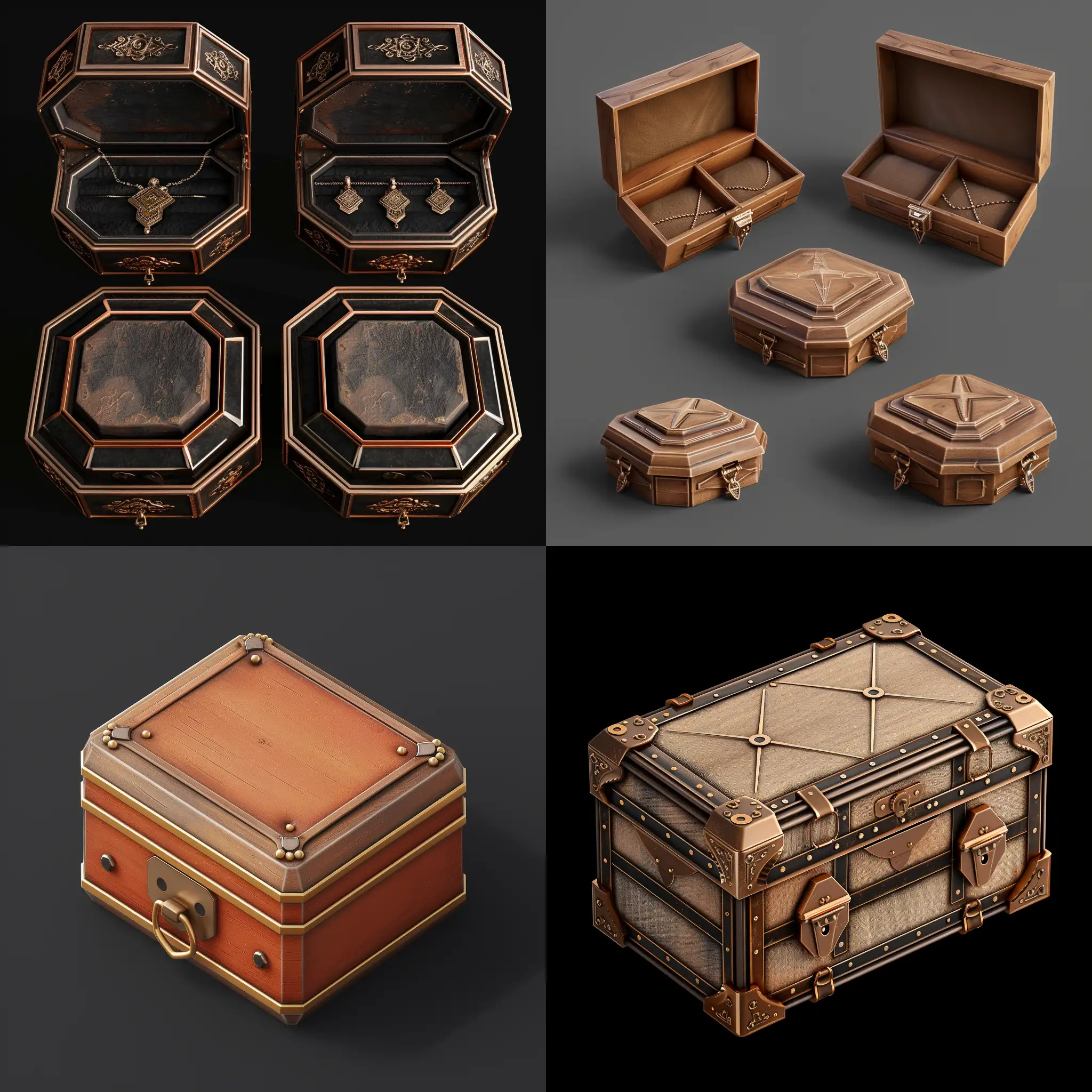 isometric realistic closed old pentagon jewelry box set, 3d render, stalker style