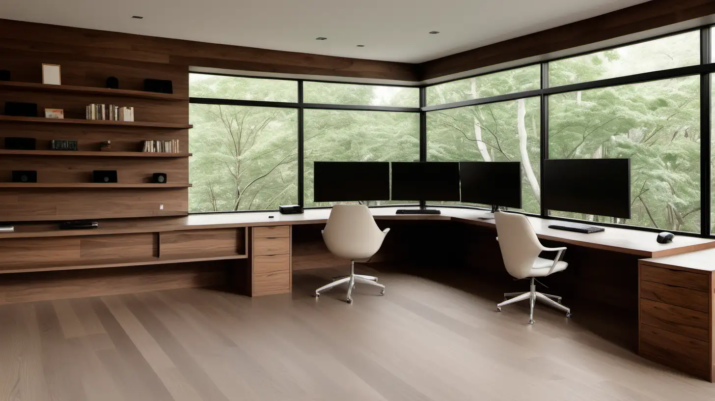 an organic minimalist japandi style estate home computer gaming room with a l-shaped desk that runs along a wall and multiple computers; walnut wood, oak flooring, limewashed walls, large windows, linen