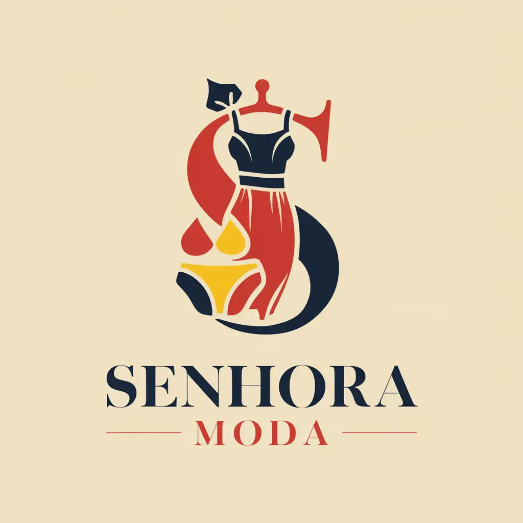 Logo brand of a cheap clothing company called Senhora Moda. Bright, eye-catching, elegant and unique. Vibrant colors, very colorful image, Bikini & Dresses