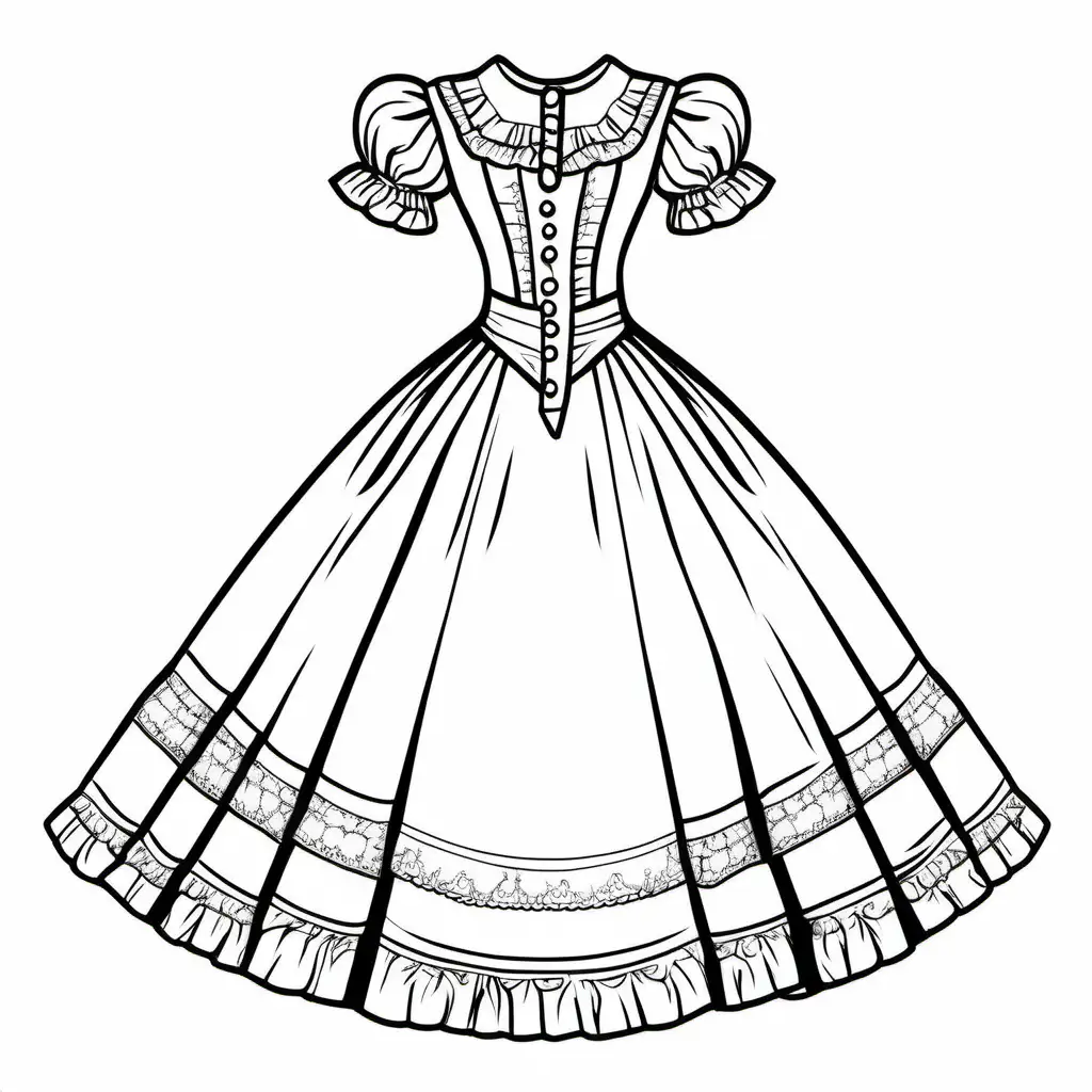 easy coloring page for kids, a victorian dress, white background, clean line art--HD