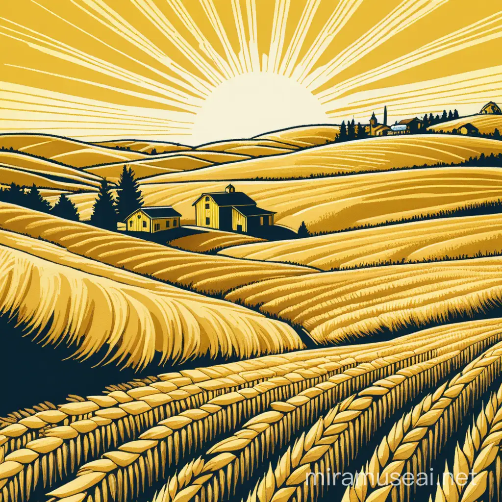 t-shirt design of the rolling hills of the Palouse wheat fields, sun rising, a bright yellow farmhouse, golden wheat growing