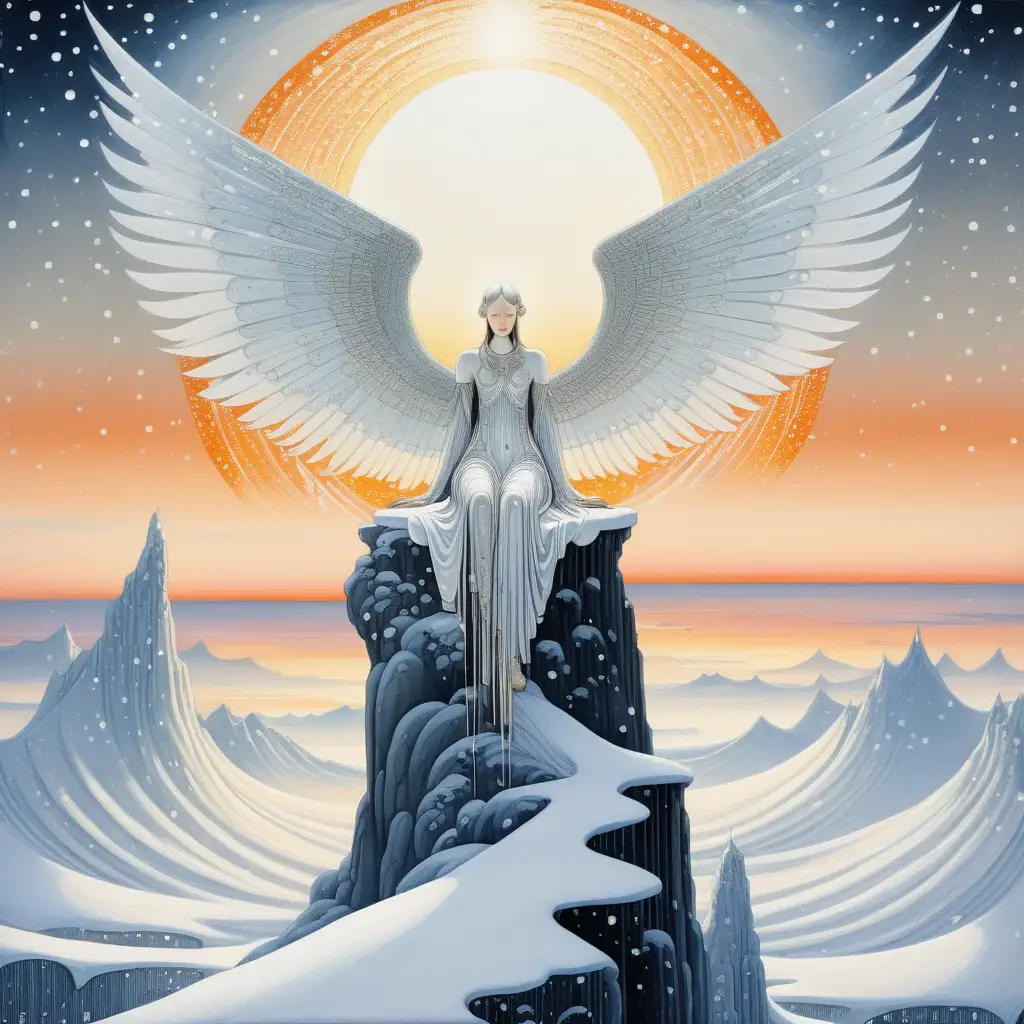 futuristic painting in kay nielsen style of an angel sitting on a mountain peak watching unset. snow is falling