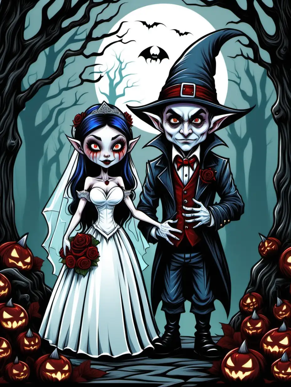illustration book cover,  short vampire gnome and  vampire gnome bride, dark thick lines, color,