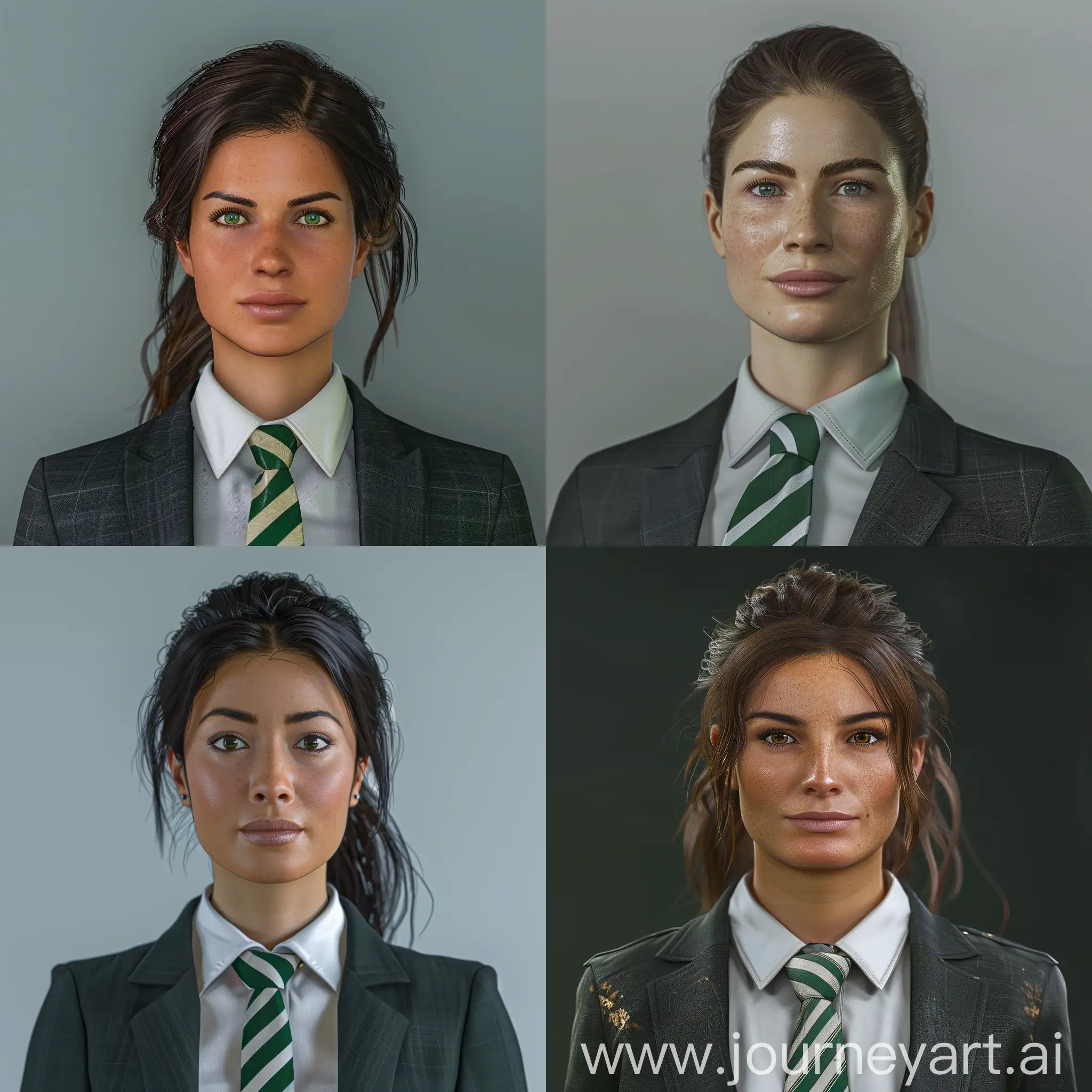 Ultra Realistic profile photo of the personal assistent to the manager of the football club Waltham Abbey. SHe is of British origin, in her early thirties, not beautiful but normal looking. Wears casual businesseswoman attire, reflecting that she works for a semi-professional football club. Suit and tie, green and white striped tie. In the style of facepack for game football manager 22.