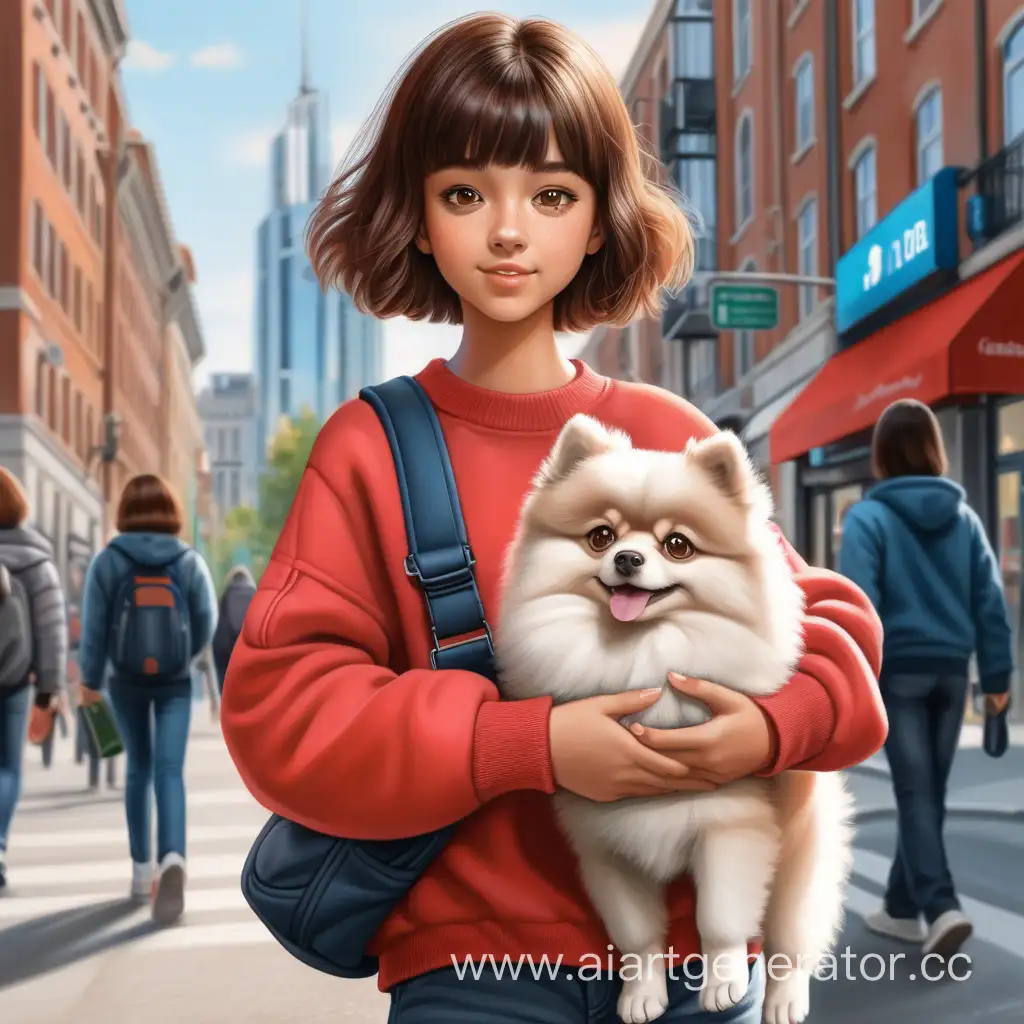 Девочка 17 лет с темно-русыми волосами и прической каре идет по городу и на руках держит одну светло-рыжую собаку шпиц
