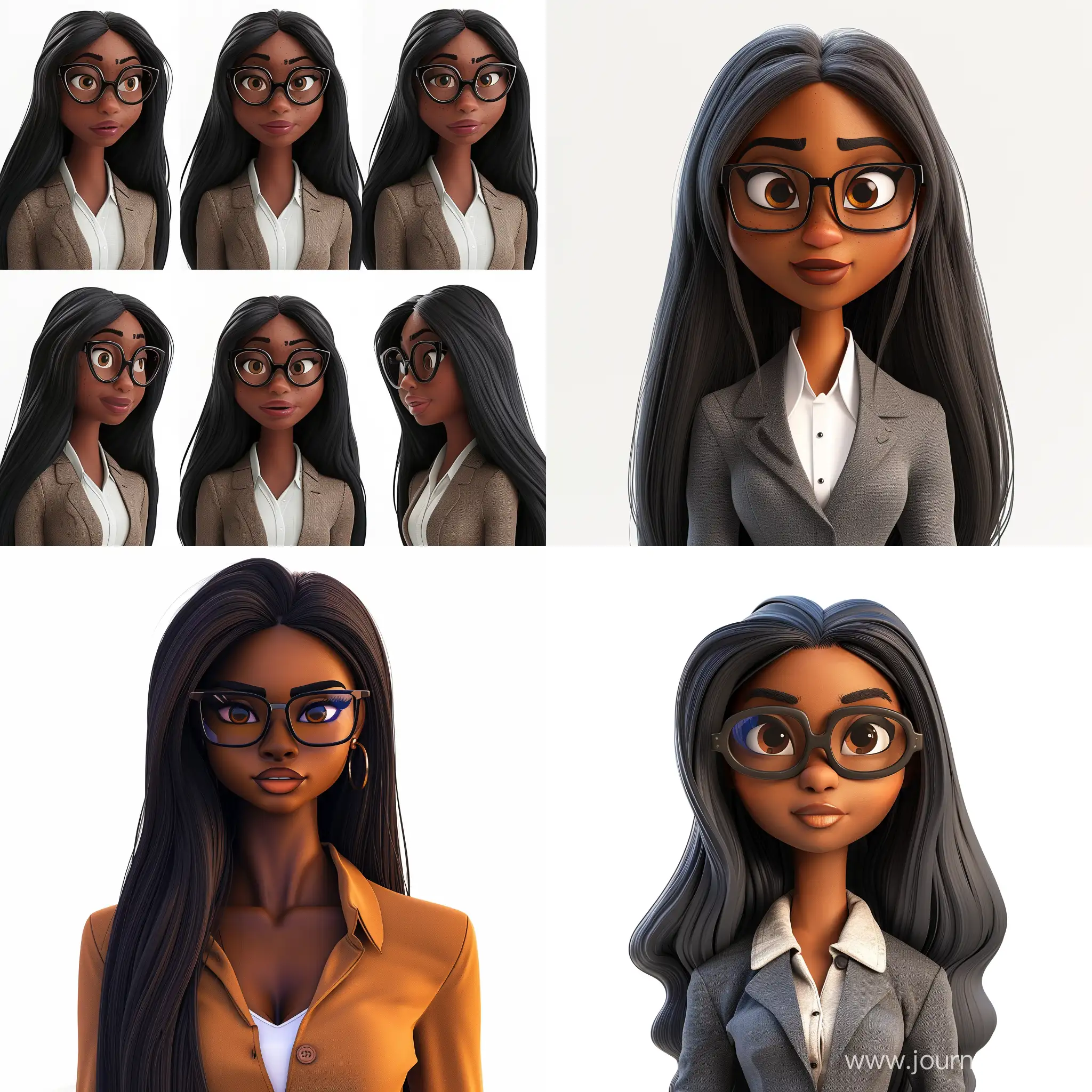 Generate a lifelike animation portraying a Black woman with striking long hair, adorned with framed glasses and professional clothing. The character should be depicted facing the camera, showcasing various facial expressions. The animation should be presented on a white background, ensuring realism and attention to detail. Aspect ratio 16:9