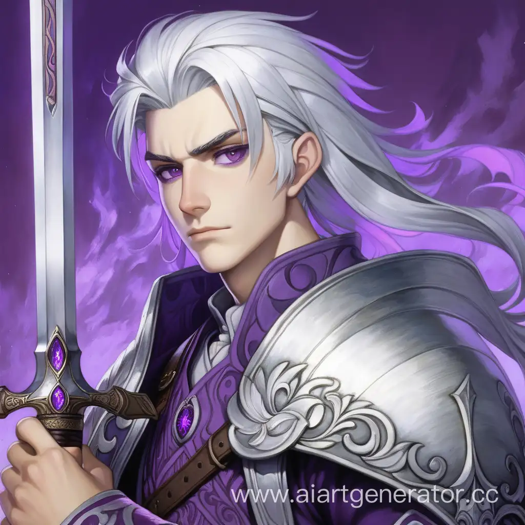 A young man with silver hair and violet eyes, carrying a sword