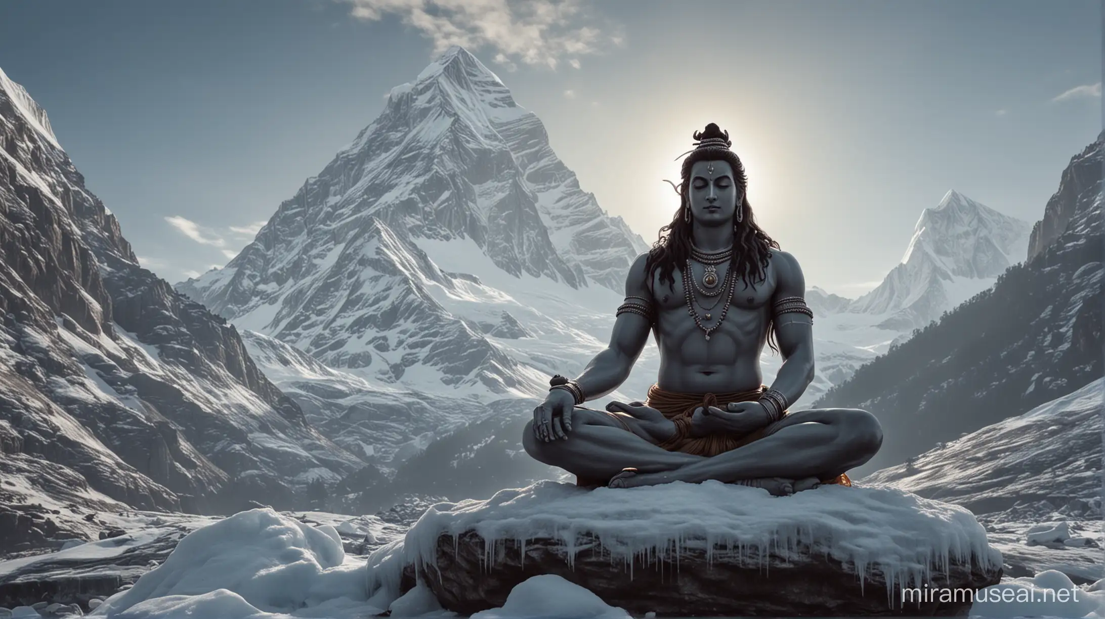 Lord Shiva Meditating on Icy Mountain Spiritual Meditation Scene