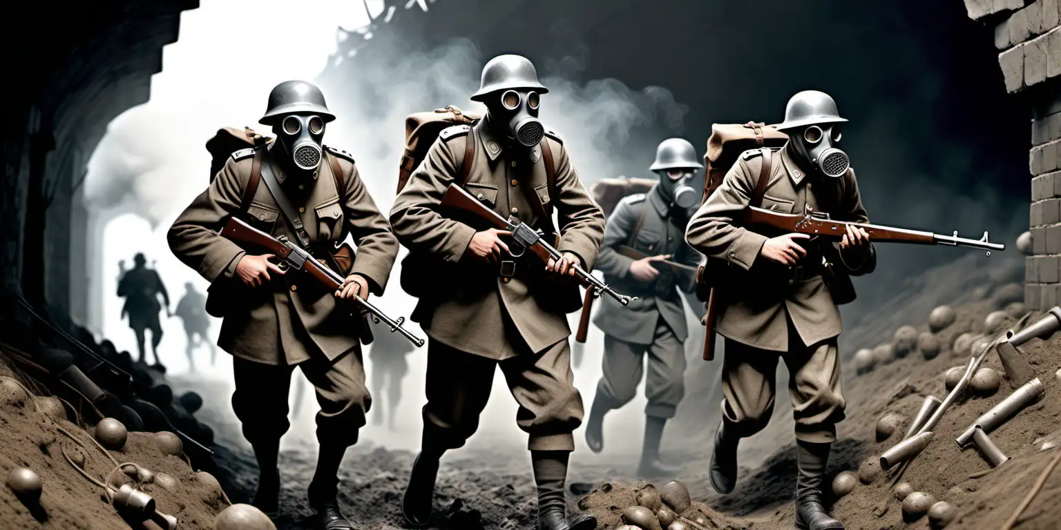 a cartoon like set in the german trenches of ww1, include them waring gas masks, make the army uniforms grey. make the helmets the early german steel helmet. make each person carry a rifle with a bayonet. 