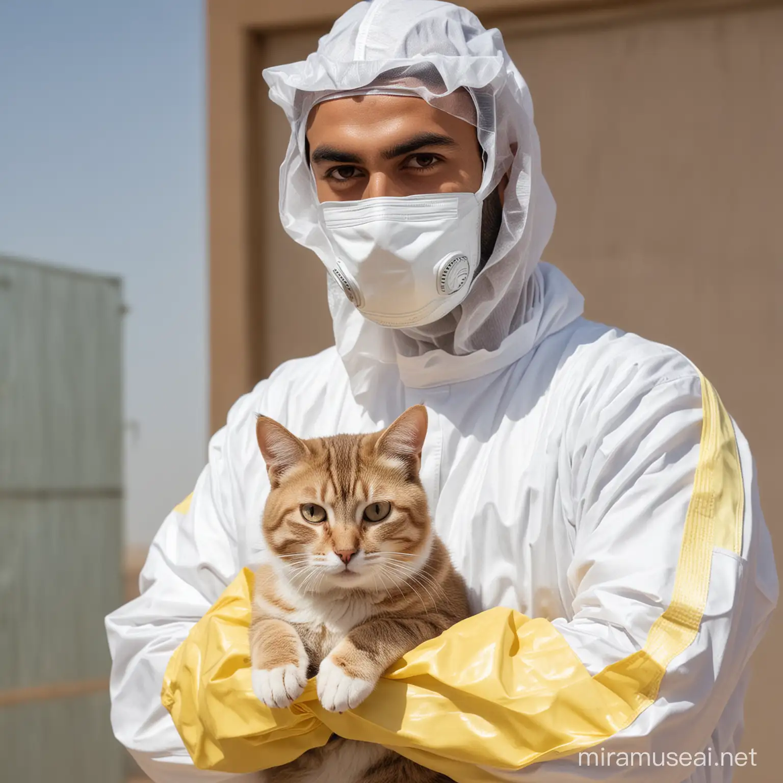 Arab Gentleman in Protective Hazmat Suit Cuddling a Cat