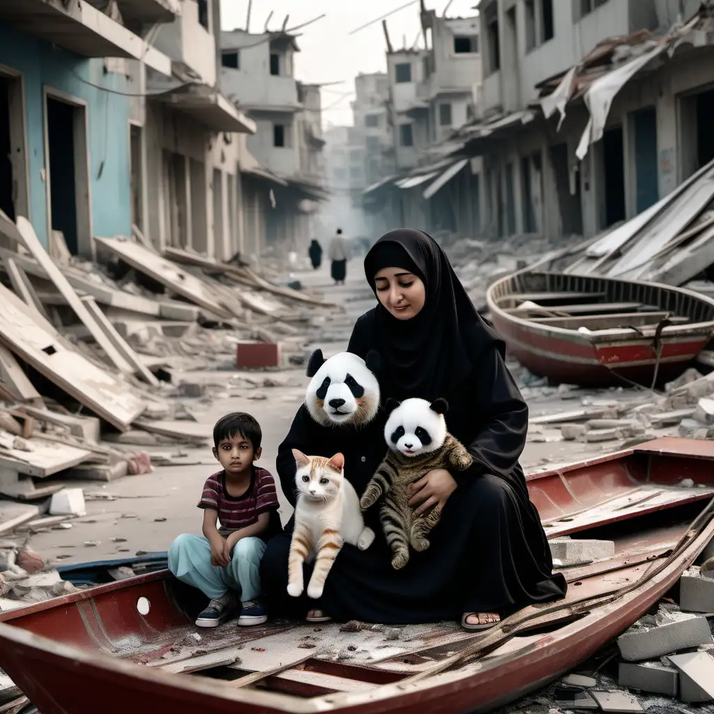 Muslim Mother Comforts Children Amidst Urban Destruction with Panda and Cat Companions