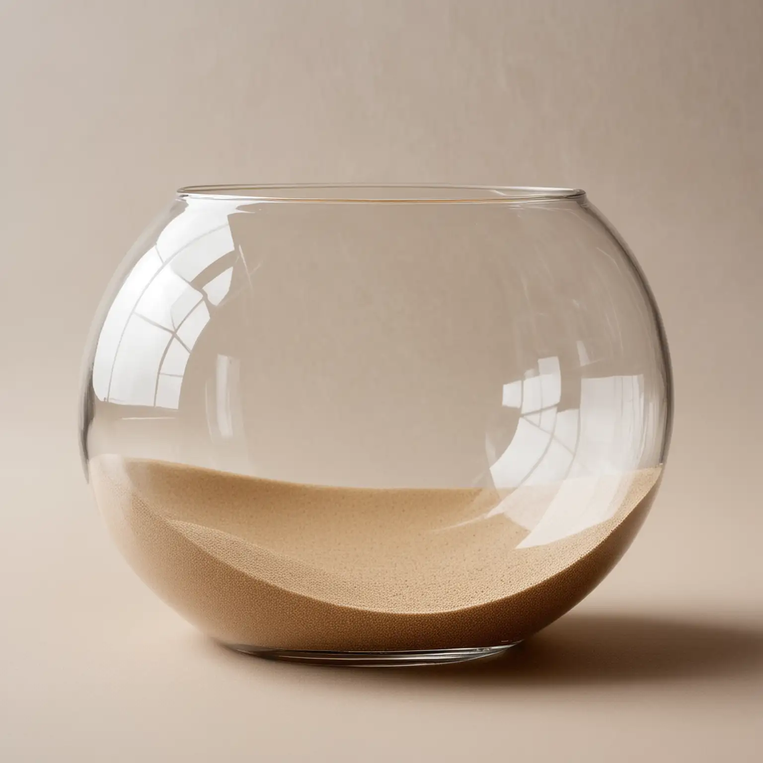 a clear glass round vase that is shallow and wide, made of nice quality, it is simply an image of a clear glass shallow round vase filled part way up with natural colored fine sand