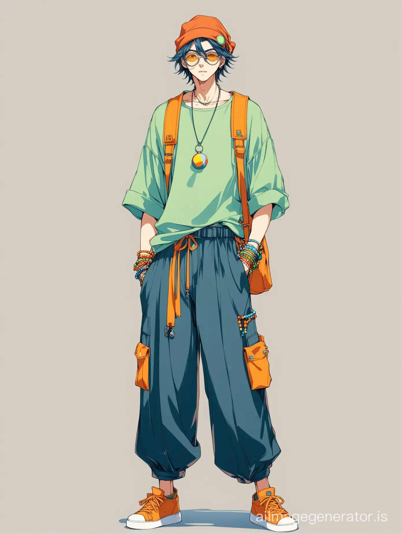 A guy in cool clothes with a bunch of accessories. baggy trousers. 21st century. Dark blue, yellow, pastel green, orange-red, gray-blue colors. Hippie Anime. The concept