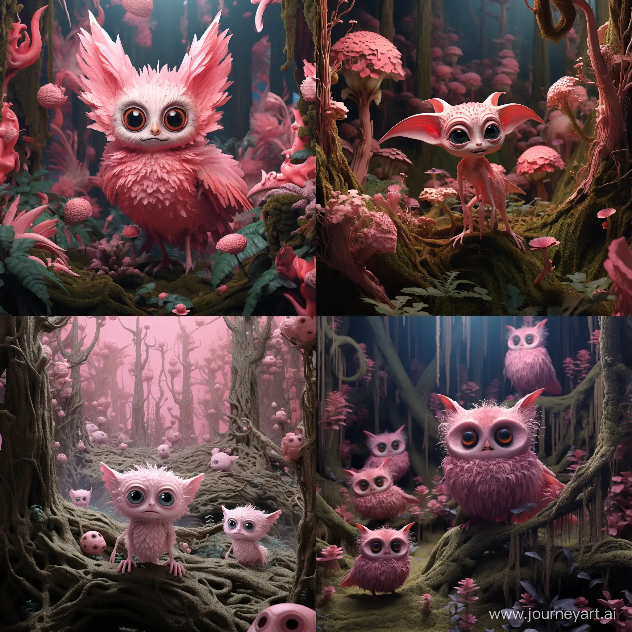 Pink Gremlins in an ultra-detailed avatar style forest