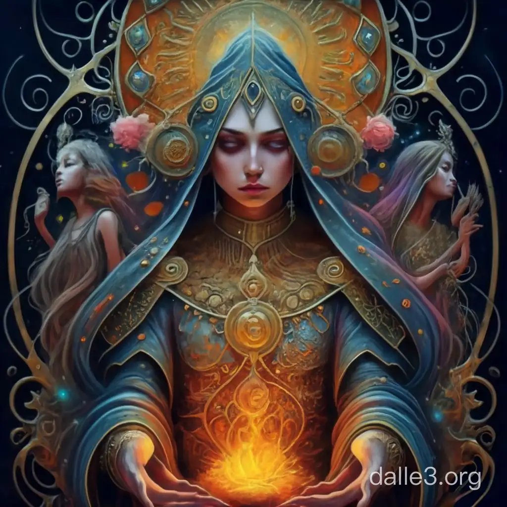 A mystical image of a woman who holds community inside of her and is a mother, child,Maiden, crone in all one image. She is deeply connected to her roots and is a weaver, drummer, singer, and moondancer