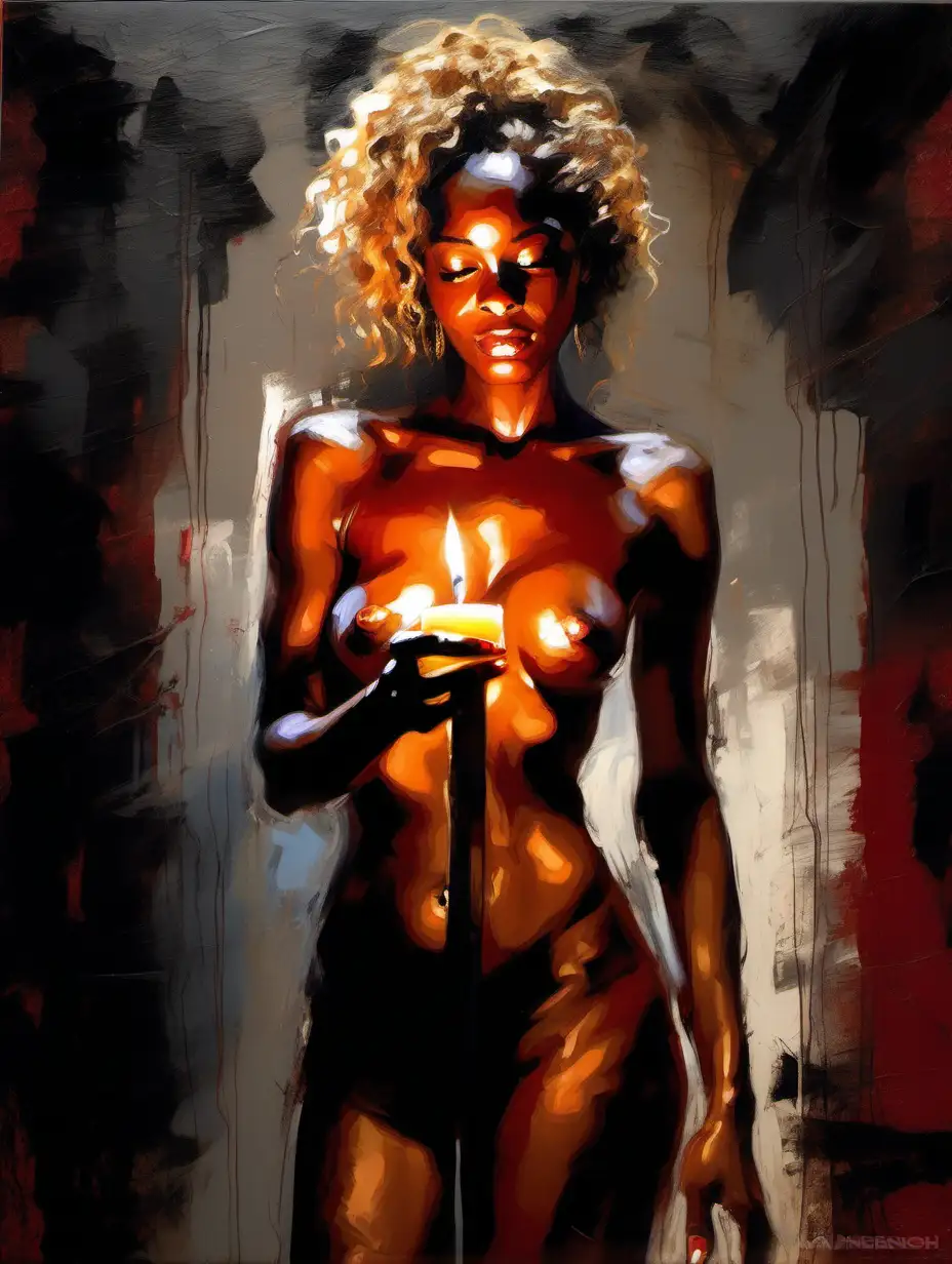  a beautiful, very attractive, naked, sexy, blonde curly hair, Brazilian black woman standing in a dark room , with the candle providing a warm, glowing light that illuminates her naked body and surroundings 
 , painting by Andrew Atroshenko , Henry Asencio , Fabian Perez , visible large flat brushstrokes ,