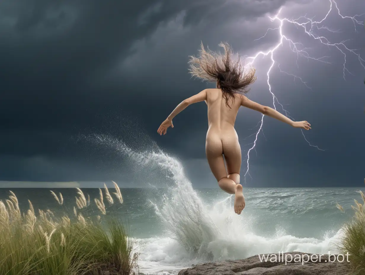 frightened naked girl dives into the sea with splashes from a overgrown cliff with blooming grasses under a stormy sky with lightning