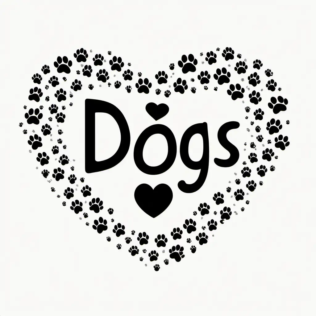 a simple vector are that says "I love Dogs" with a playful font in the shape of a heart with paw prints on a white background, poster, typeography