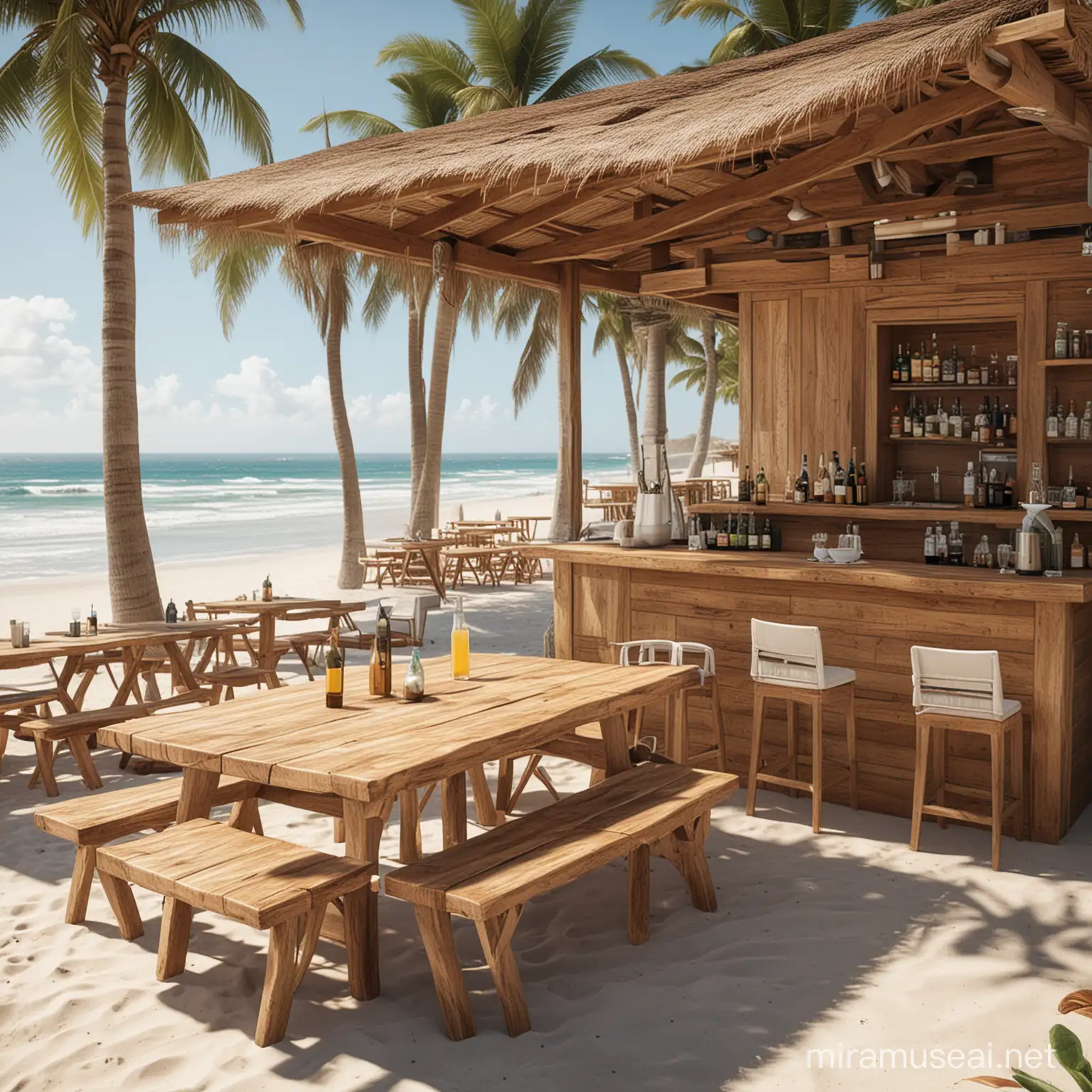 Boho Beach Club with Wood and White Decor and Beachside Lounges