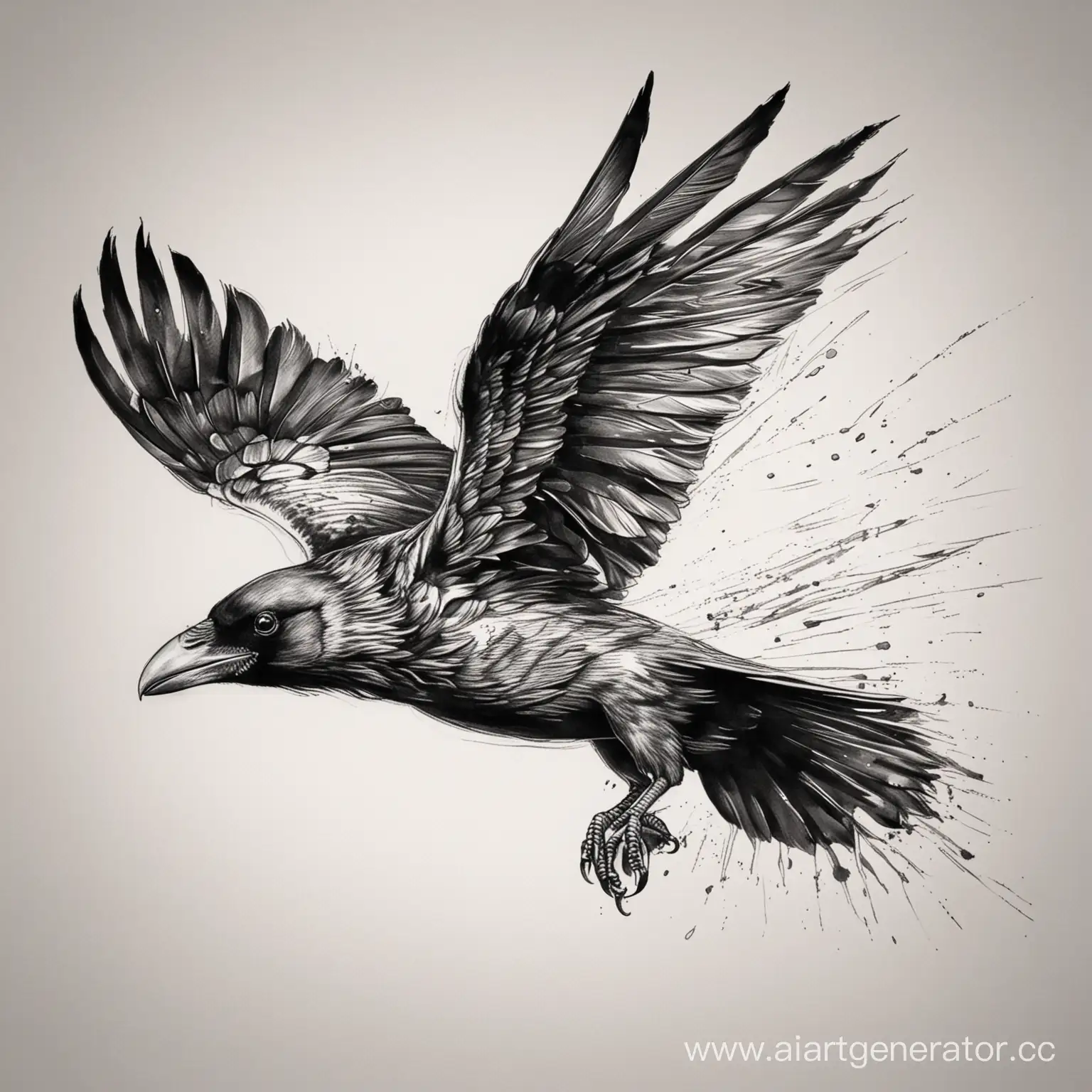Sketch tattoo flying crow, black and white
