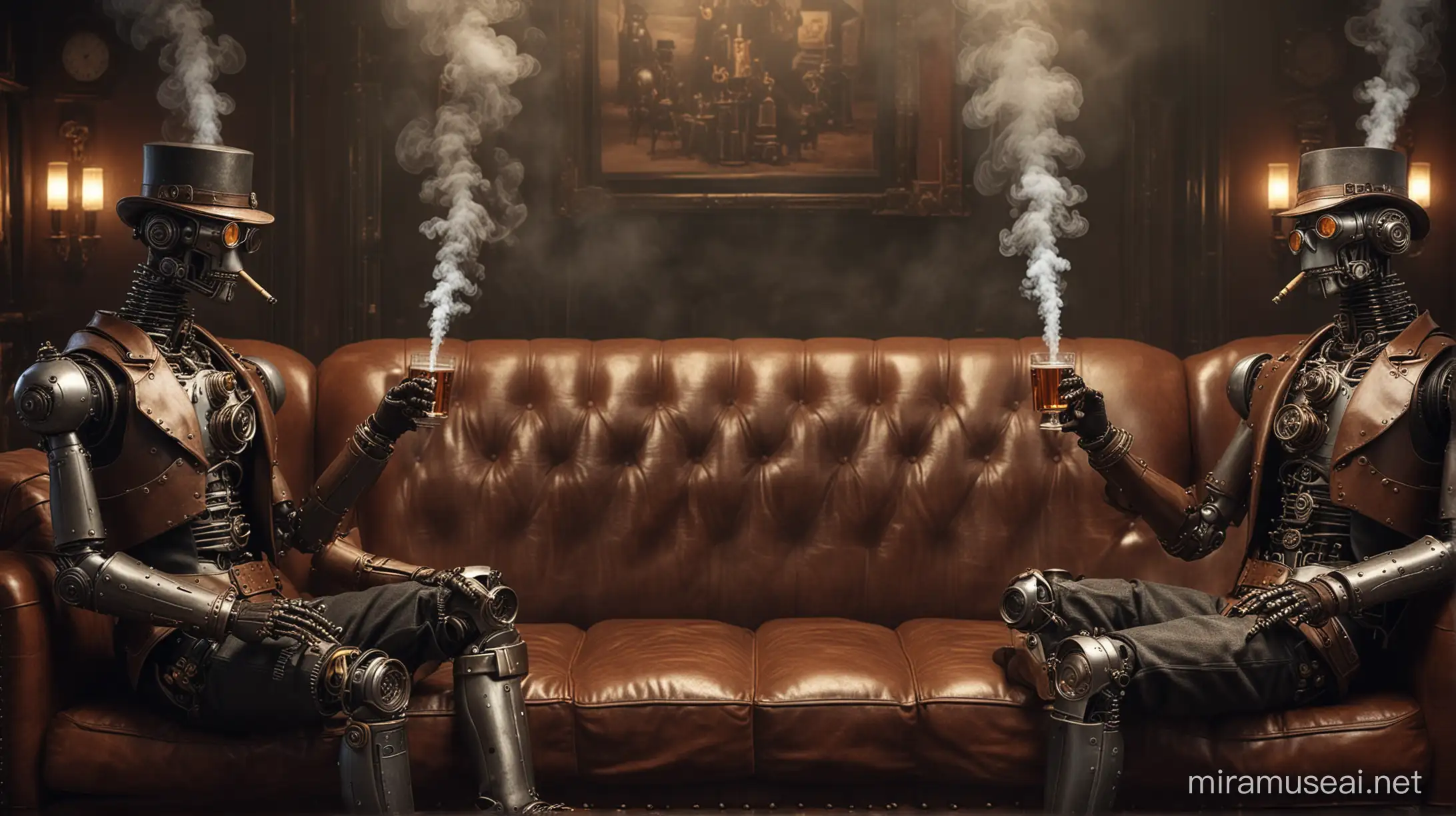 3 steampunk robots sit on a leather sofa in a gentelmen club. they smoke cigars and drink brandy. steam, cigar smoke, subtle light