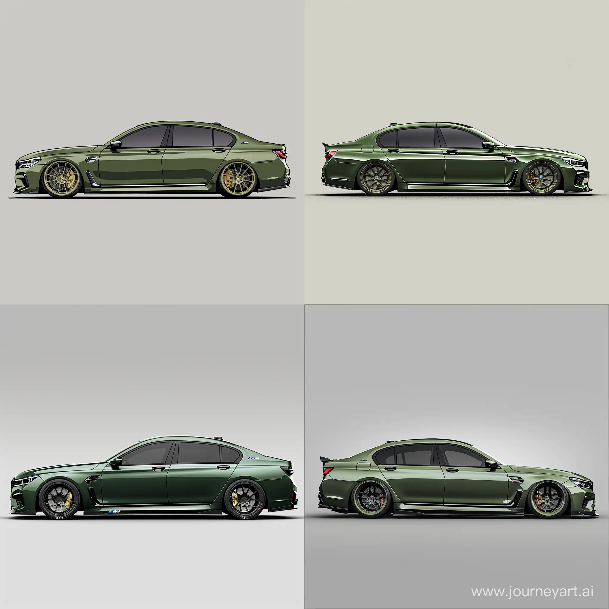 Minimalist 2D Side View Illustration, Hunter Green BMW M7, Tuning Body Kit, Simple Gray Background, Affinity Designer Software, High Precision
