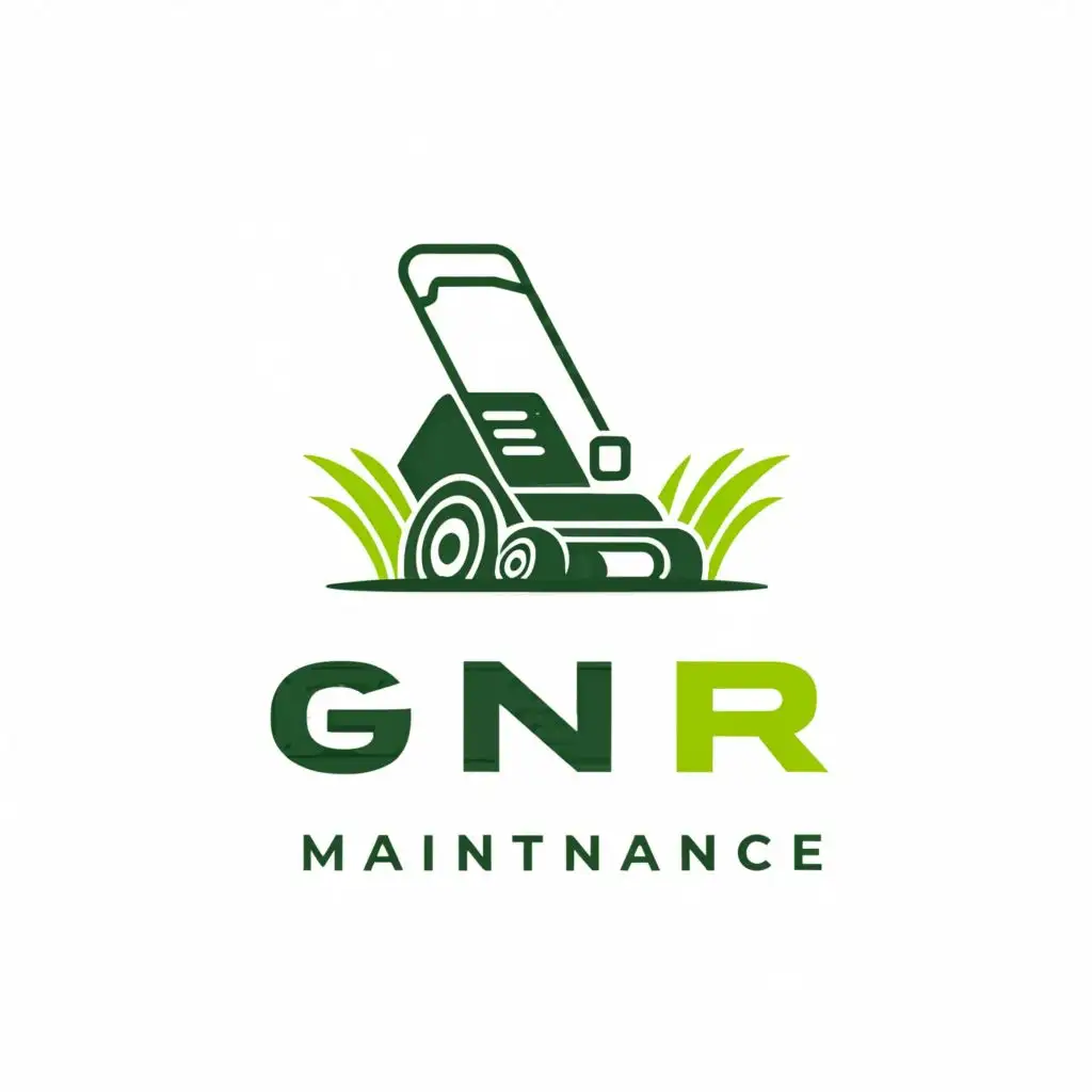 a logo design,with the text "GNR Maintenance", main symbol:lawnmower and grass, raking,Moderate,clear background