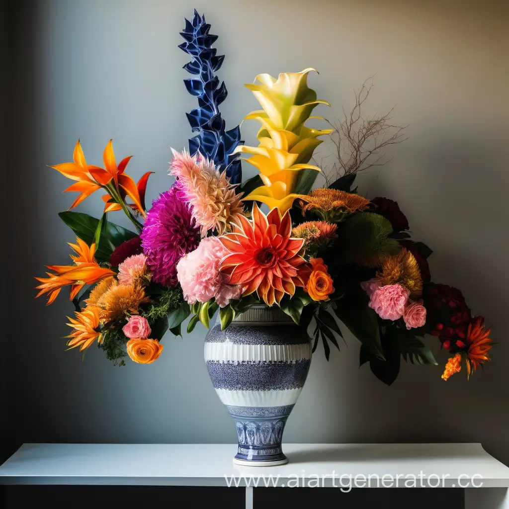 Большой букет экзотических цветов  в фарфоровой вазе стоящей на столе