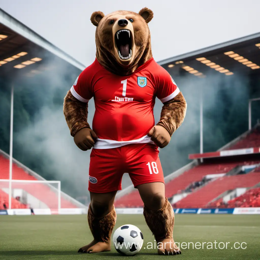 Человек в костюме медведя, ростовая кукла-символ команды, рычит открывая рот, внутри человек, медведь костюм, красная футбольная форма, футболка, шорты, английский футбол, полный рост, худой медведь, голова больше, рот открыт, рычит