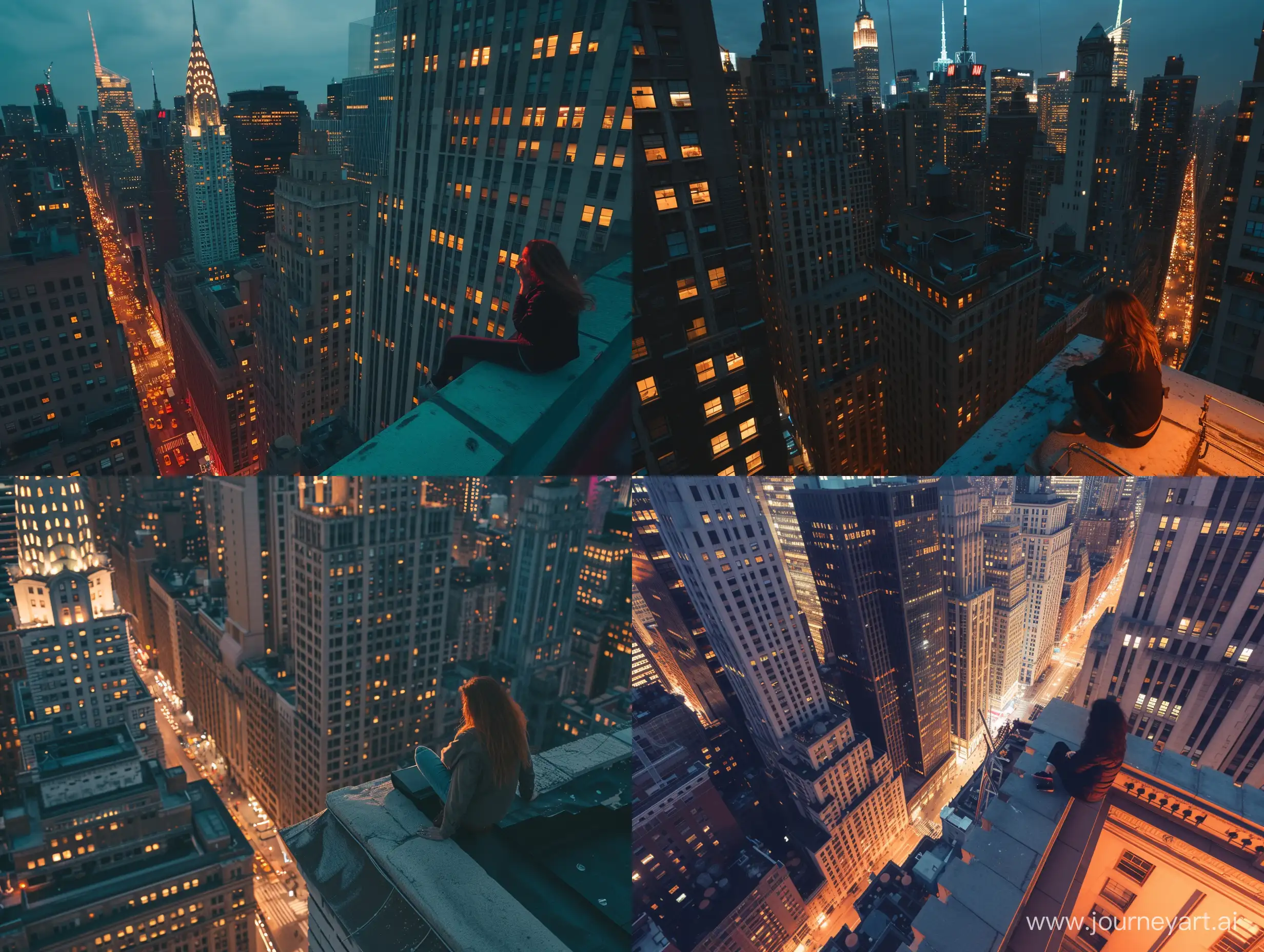 a bustling new new york city, the photo is bathed in natural lighting, night time setting. Shot in 4k with a high end DSLR camera. such as a Canon EOS R5 with a 50mm f/1. 2 lens, architecture, drone view, skyline, a woman is sitting on the edge of a rooftop
