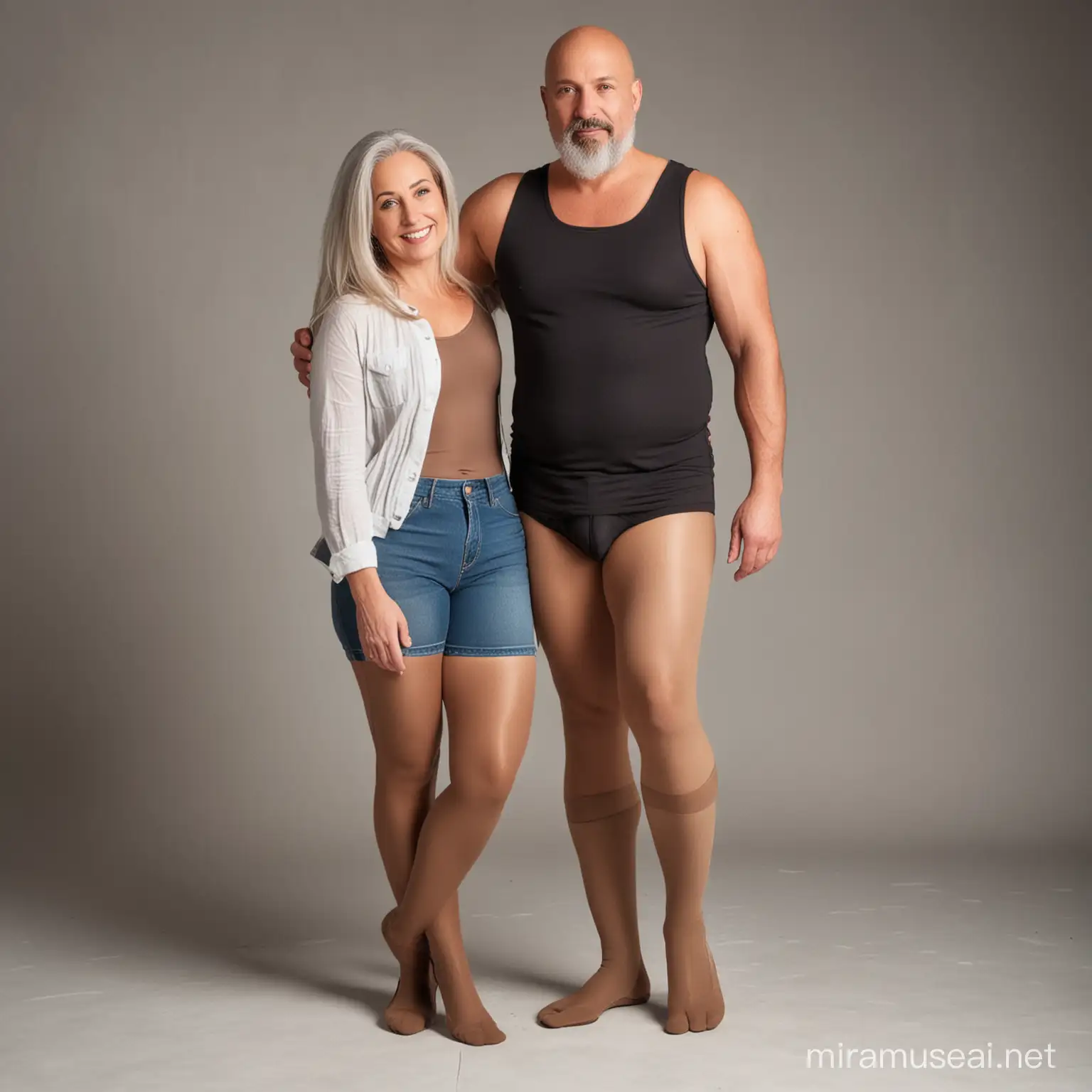 loving couple standing on floor, fat, chubby, short husband, 45 year old, bald, small goatee, long jean shorts, glossy brown pantyhose tights, black t-shirt, standing next to 60 year old wife, thin, skinny, long silver hair, wife wearing glossy brown pantyhose tights, denim jean shorts, grey tank top