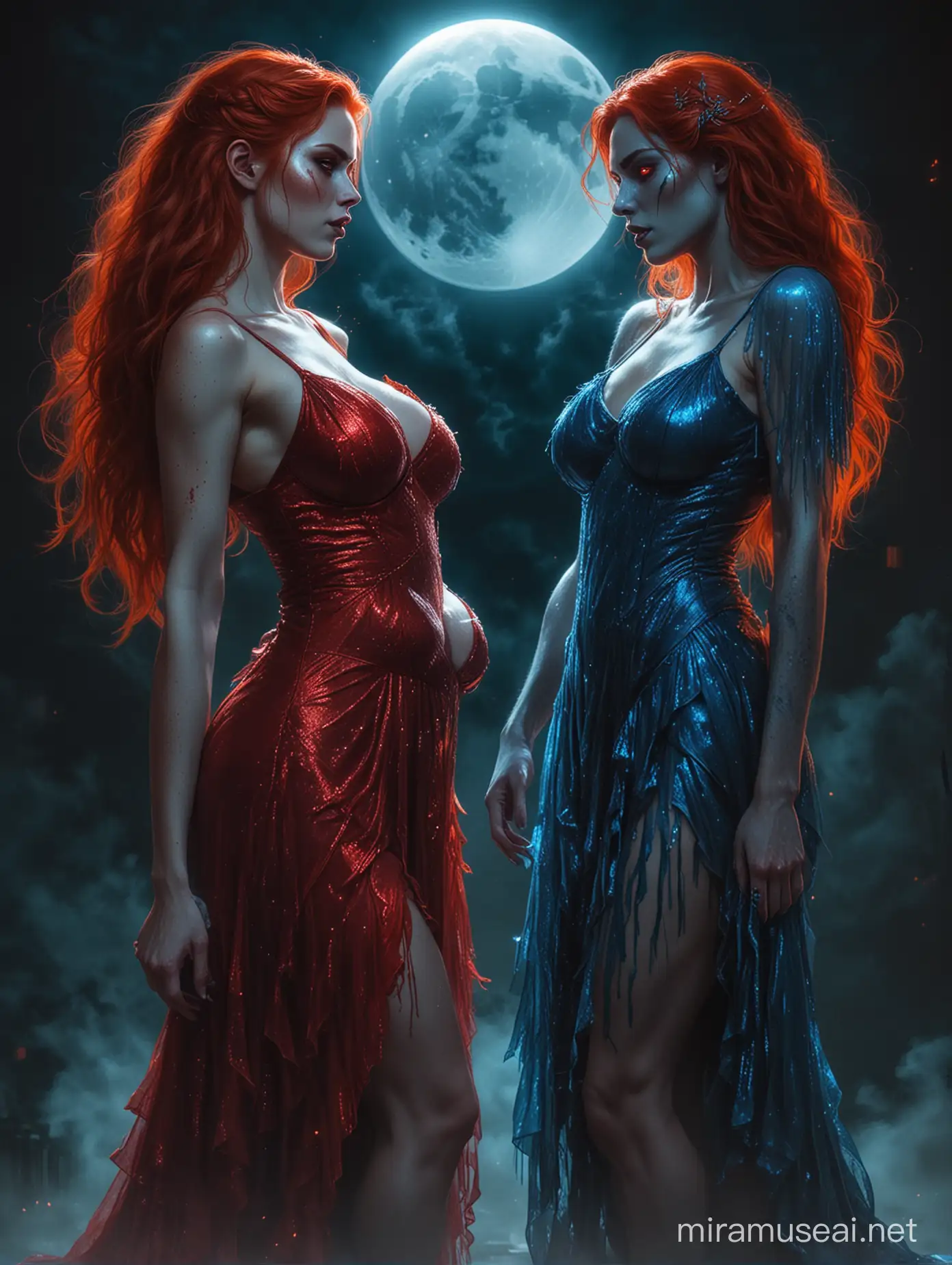 Glowing Red and Blue Goddesses Confront a Menacing Werewolf Under the Moonlight
