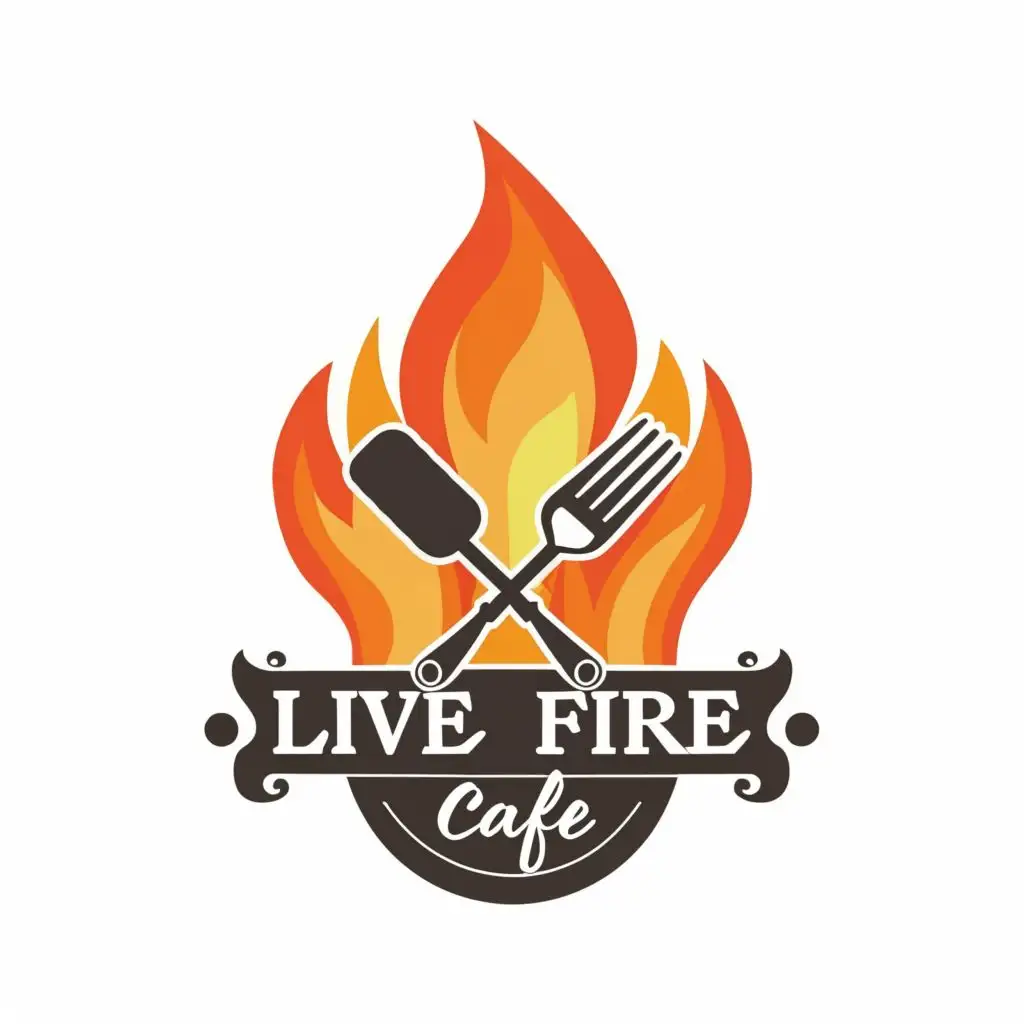 logo, chef fire knife fork, with the text "live Fire cafe", typography, be used in Restaurant industry