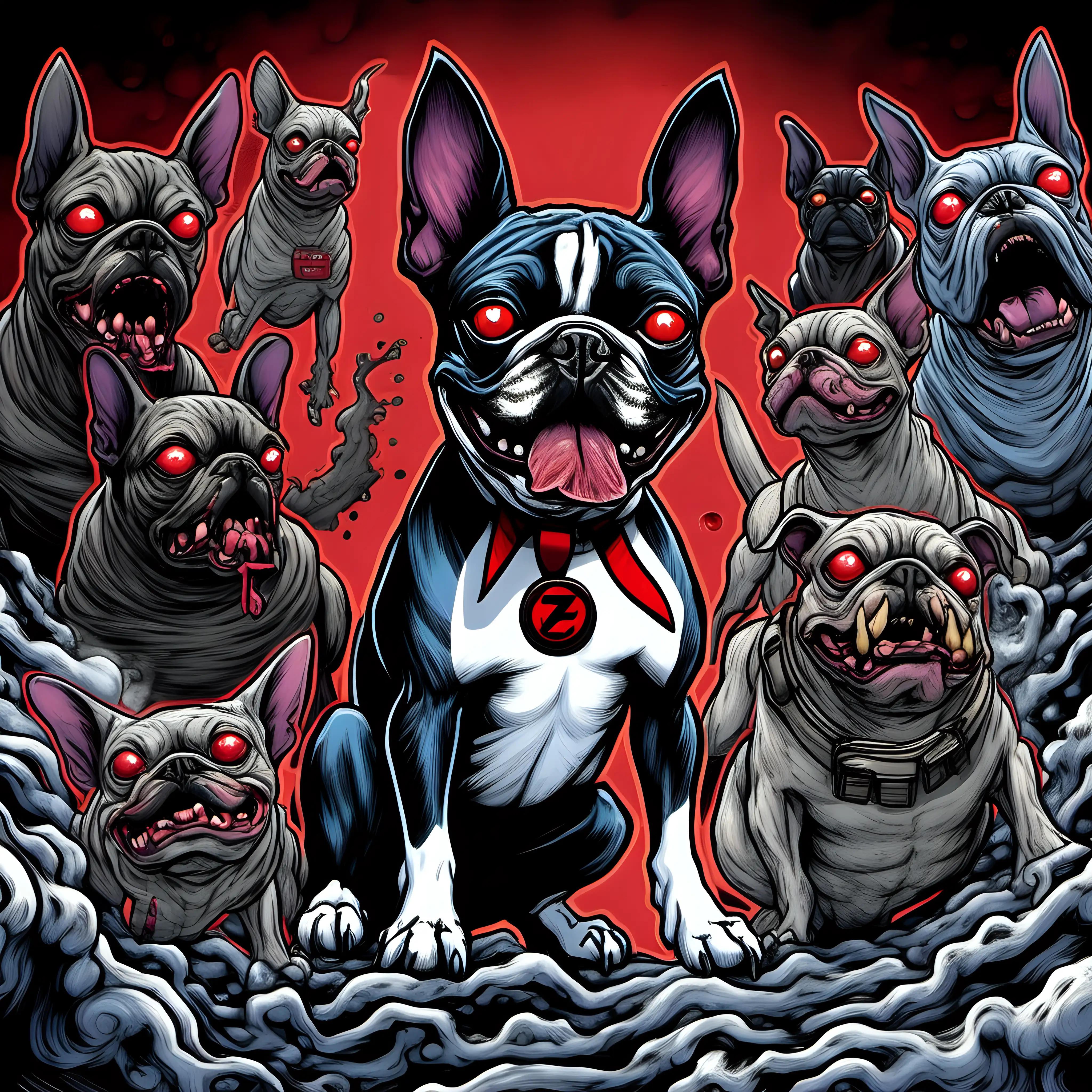 Zuul the Ghostbusters Boston Terrier with Creepy Red Eyes Comic Style Drawing