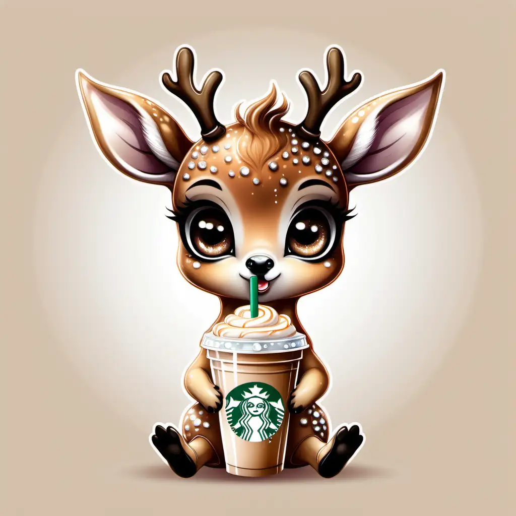 Cute baby deer with big sparkly eyes, sitting, looking at me, holding starbucks iced coffee, cartoon
