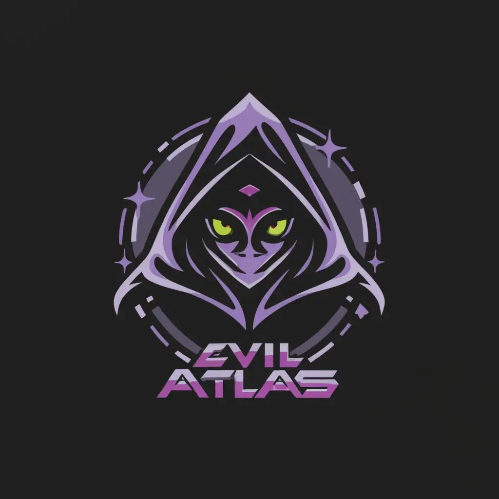 a logo design,with the text "Evil Atlas", main symbol:Certainly! Here's the updated description with a simplistic design made from lines or shapes:

**Logo Description:**

The "Evil Atlas" logo adopts a simplistic yet sophisticated style, featuring a minimalist interpretation of a hooded mage inspired by characters like Veigar, the hooded NPCs from Dark Cloud, and the mages from Final Fantasy.

The mage's silhouette is composed of clean lines and geometric shapes, with a distinct hood that partially obscures their face. Within the minimalist outline, two glowing eyes emit a subtle light, adding a touch of intrigue and mystique to the character.

The color palette is kept minimal, focusing on shades of black and purple to convey a sense of darkness and mystery. A subtle gradient effect adds depth to the design, enhancing the visual appeal while maintaining simplicity.

The text "Evil Atlas" is rendered in a sleek and modern font, with minimalist letterforms that complement the simplistic aesthetic of the character. It is integrated seamlessly into the composition, adding a sense of cohesion to the logo.

Minimalist cosmic elements adorn the background, incorporating simple shapes such as stars, planets, and cosmic dust. These elements add a touch of whimsy and magic to the design while maintaining the overall simplicity of the logo.

The composition is clean and refined, capturing the essence of the hooded mage persona in a minimalist and sophisticated manner.

Let me know if this aligns with your vision or if you have any further preferences!,Minimalistic,clear background