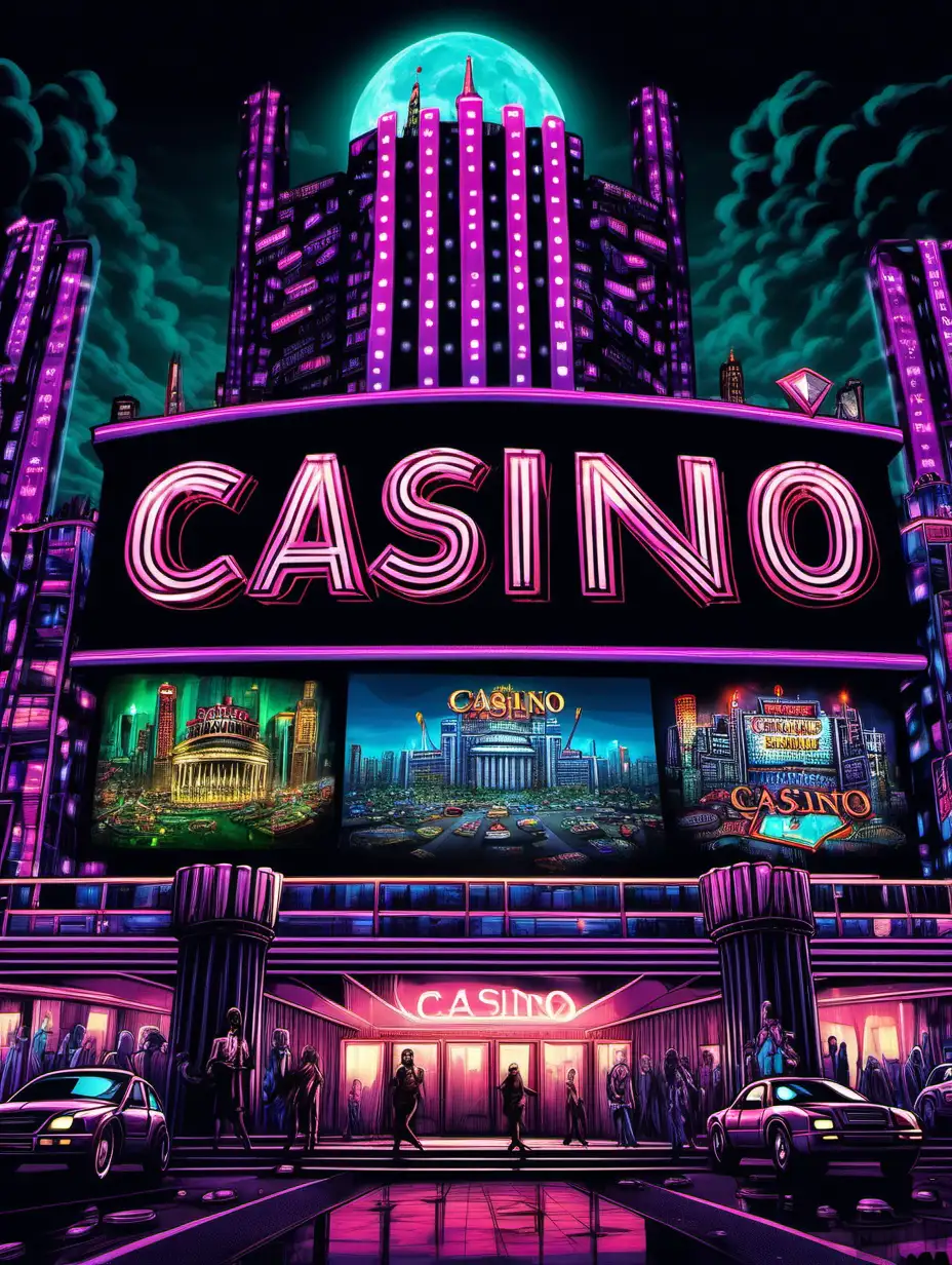 A massive casino. Neon lights, cartoon, entrance, city in background, evil lair, eerie, gloomy, billboards, LED Screens, black sky, pillars