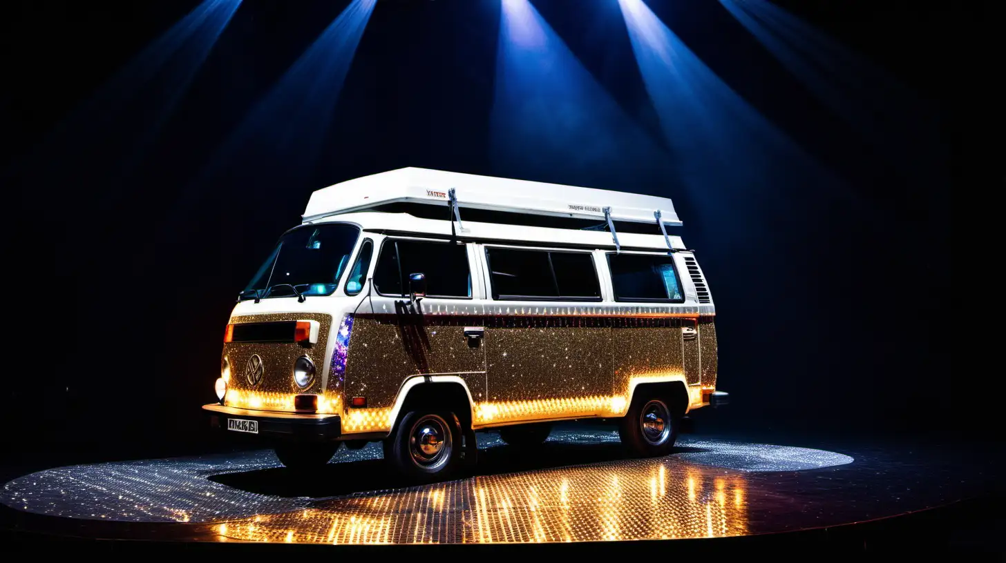 Vintage Campervan Spotlighted on Dark Theatre Stage