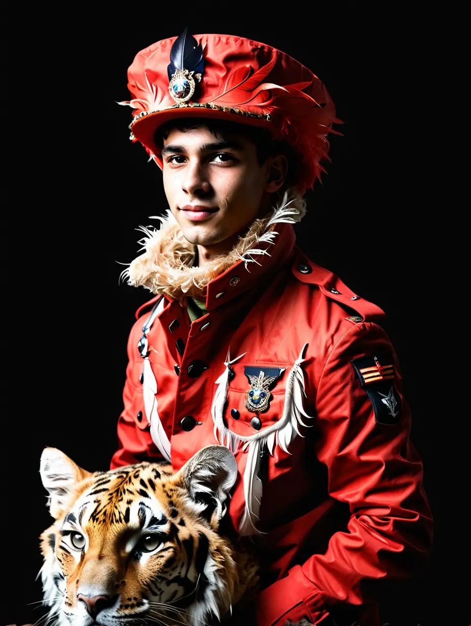 Elegant Young Man Riding Majestic Big Cat in Red Military Jacket