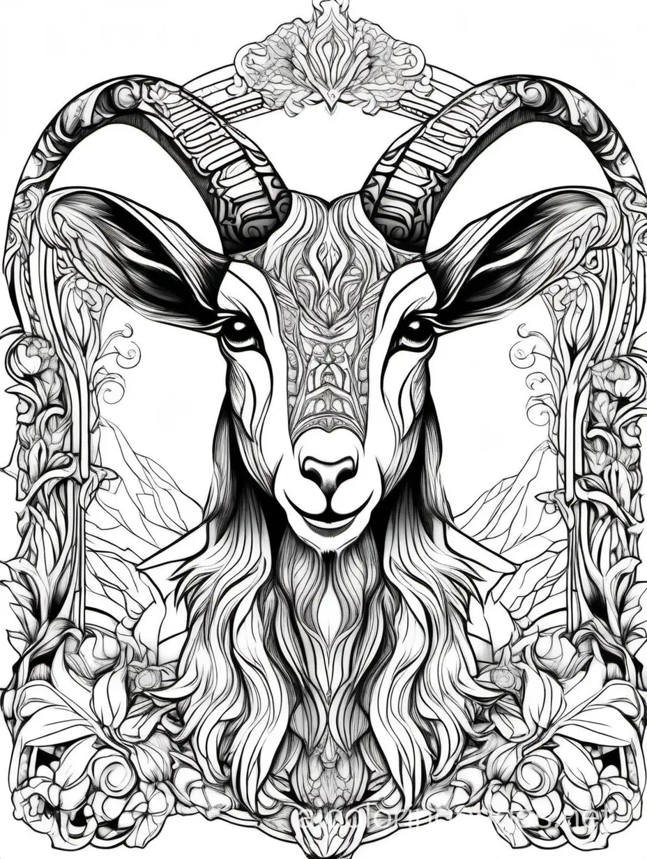 Alpine goat , fantasy, ethereal, beautiful, Art nouveau, in the style of Yossi Kotler,, Coloring Page, black and white, line art, white background, Simplicity, Ample White Space. The background of the coloring page is plain white to make it easy for young children to color within the lines. The outlines of all the subjects are easy to distinguish, making it simple for kids to color without too much difficulty