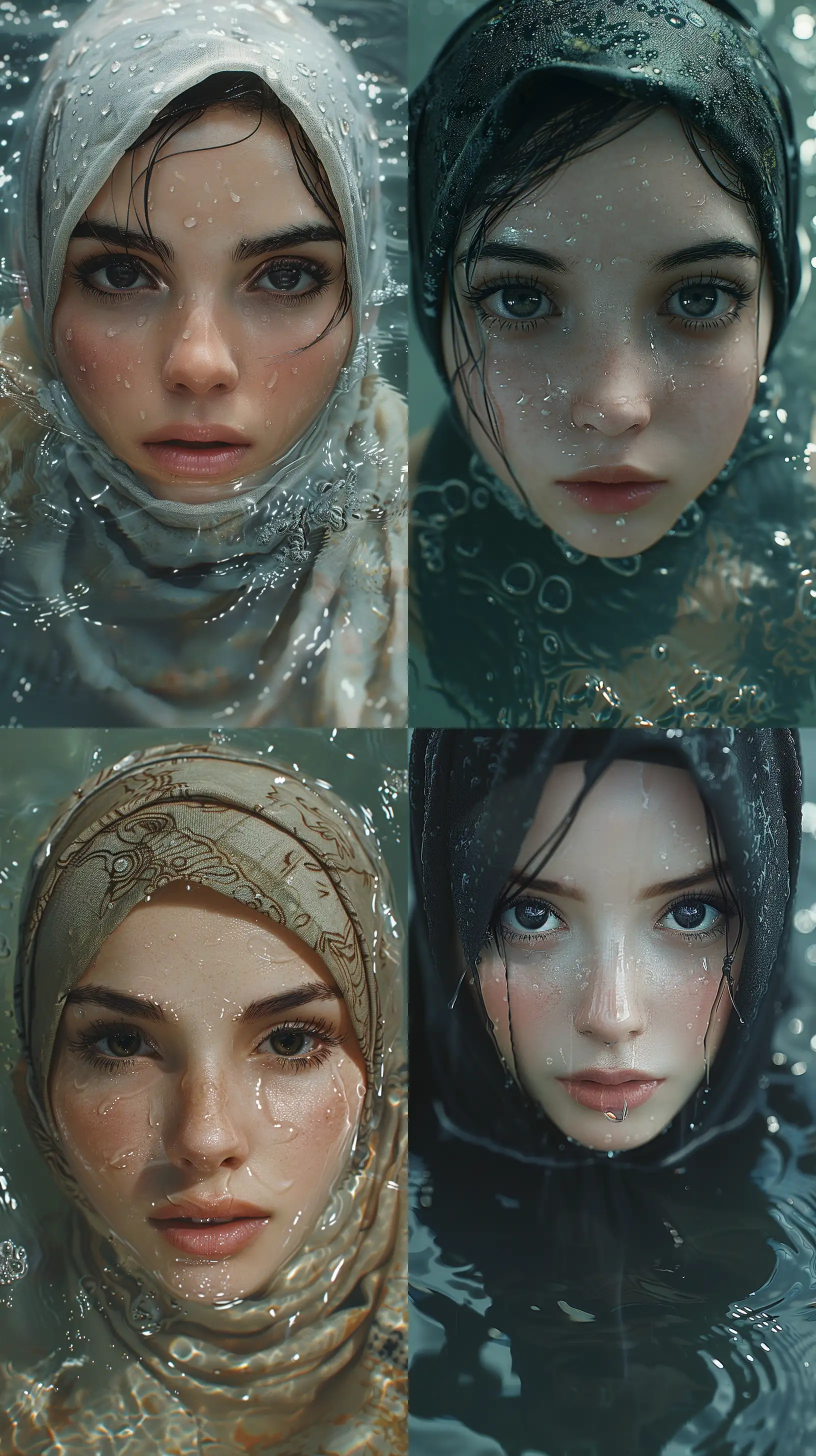 the face of japanese girl in hijab with beautiful black eyes, in the water, in the style of dystopian realism, realistic perspective, xbox 360 graphics, surrealistic realism, emotive realism, soggy, eerily realistic --ar 9:16 --stylize 750 --v 6