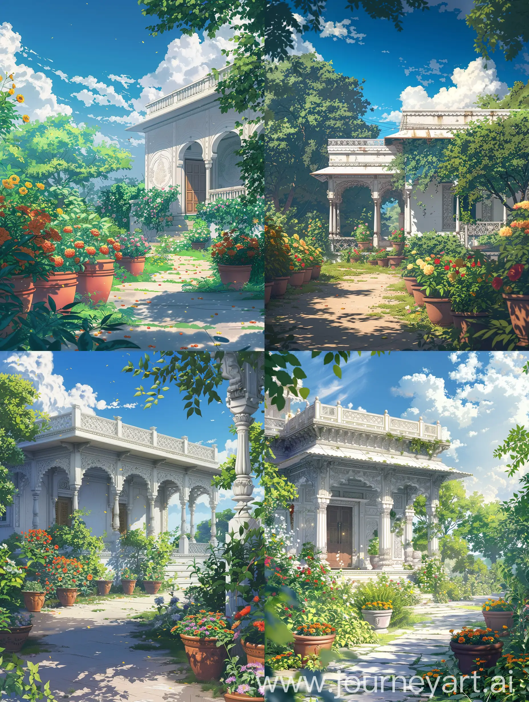 Beautiful anime style,Makoto Shinkai style with a mix of Studio Ghibli,an elegant Indian-style house stands proudly amidst a landscape of serene beauty. Its whitewashed walls adorned with intricate designs, and vibrant flower pots and planters line the front, adding bursts of color to the inviting facade. The scent of jasmine and marigolds fills the air, enhancing the warm, nostalgic atmosphere.

Above, the sky stretches expansively in a flawless shade of azure, adorned with wisps of fluffy clouds that drift lazily by. The gentle warmth of the summer sun bathes the scene in a golden glow, casting long shadows that dance across the lush greenery.

Every detail of the scene is meticulously crafted, from the delicate patterns adorning the house to the intricate designs of the flower pots. Each leaf, each petal, is rendered with precision, infusing the scene with a sense of high detailing and perfection.

A small path winds its way through the garden, leading to the entrance of the house. The path, lined with colorful blooms and shaded by overhanging branches, invites you to take a leisurely stroll and soak in the tranquility of the surroundings.

As you gaze upon this idyllic scene, a wave of nostalgia washes over you, transporting you to a simpler time filled with warmth and contentment. It's a scene that captures the essence of Indian hospitality and the timeless beauty of a summer day.