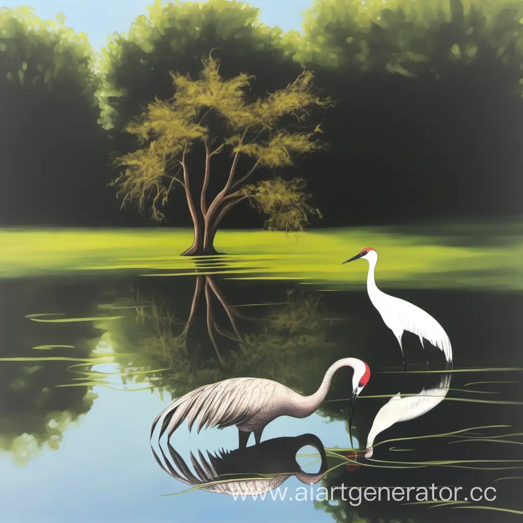 pecan and crane in the pond