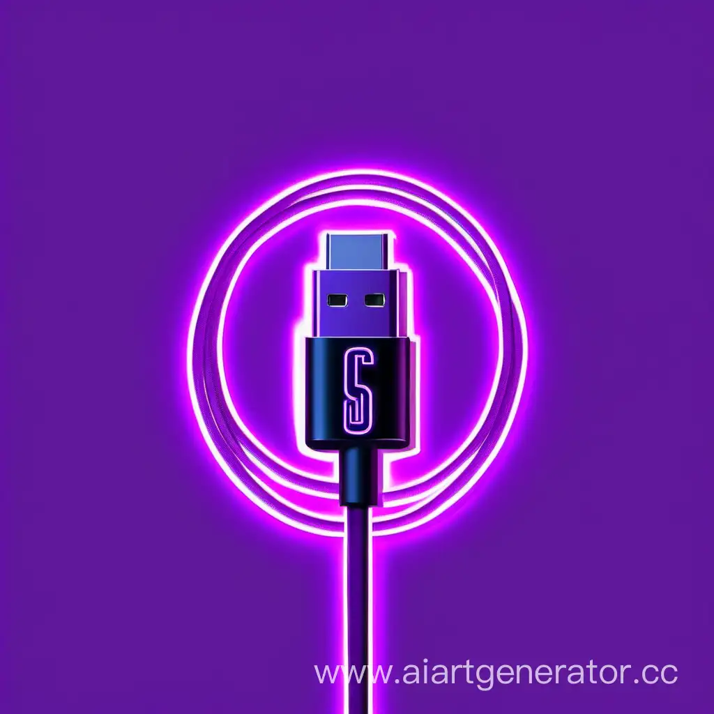 логотип для магазина в виде провода type-c современный, минималистичный и с неоновой фиолетовой подсветкой